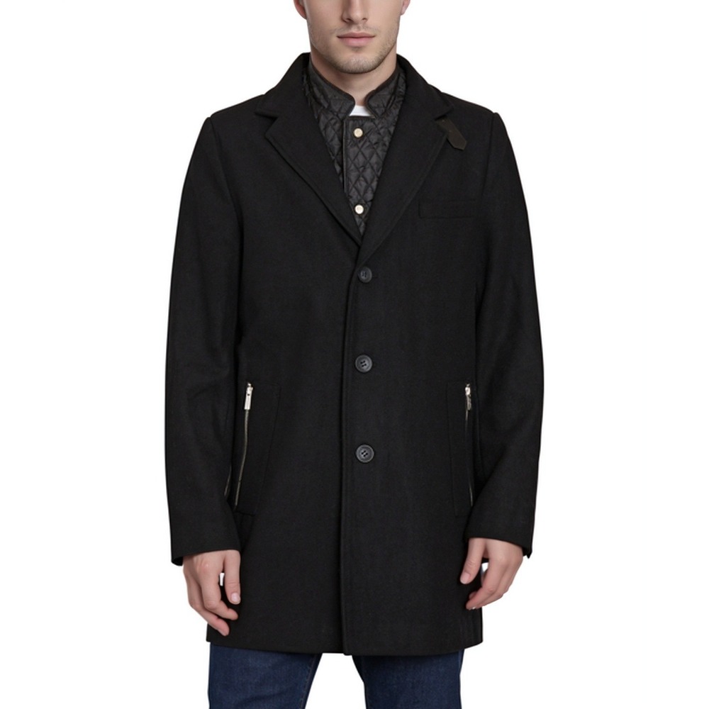 Sean John Wool Blend Quilted Bib Hood Overcoat Mens Large Black Quiet Luxury NWT